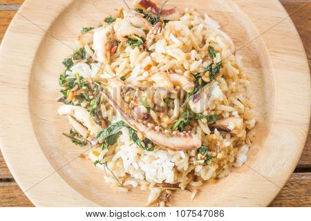 Rice Topped With Stir-fried Squid Basil (thai Food)