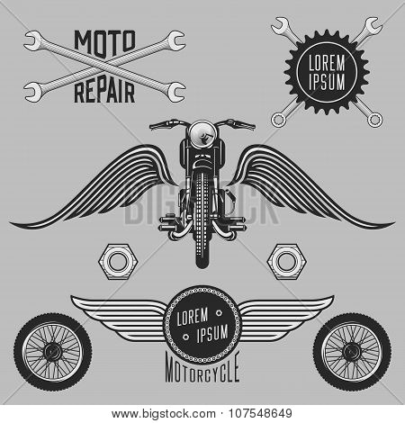 Vintage set of motorcycle signs, labels and design elements.