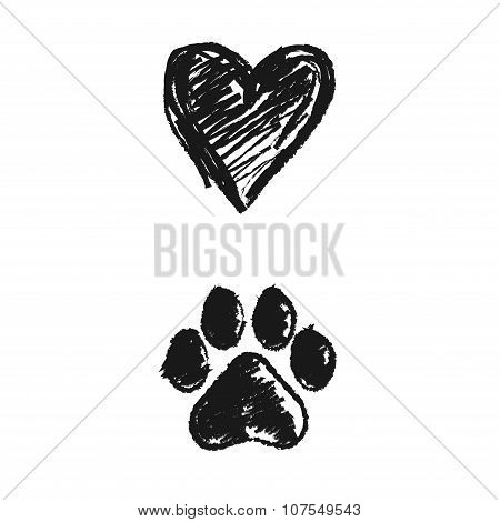 Hand Drawn Doodle Of Animal Footprint And Heart, Vector Illustration.