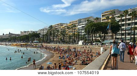 Cannes, France -  July 5, 2014. The Beach In Cannes. Cannes Located In The French Riviera.