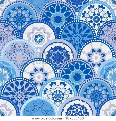 Seamless abstract pattern frame of trendy colored floral flower tile circles. For wallpaper, surface
