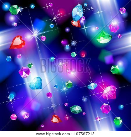 Seamless pattern background of falling full color bright diamonds. Jewelry concept background
