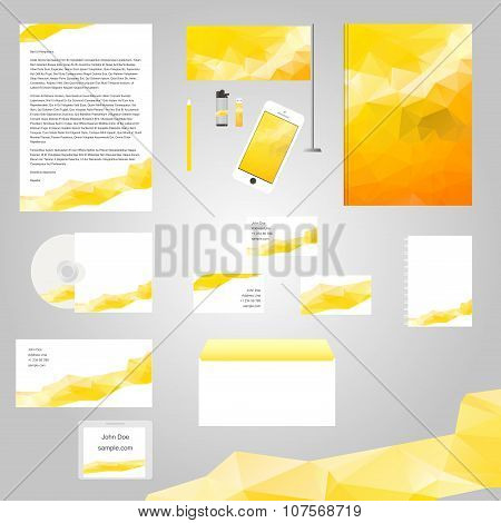 White classic corporate identity template design with yellow geometry triangle shapes. Business stat
