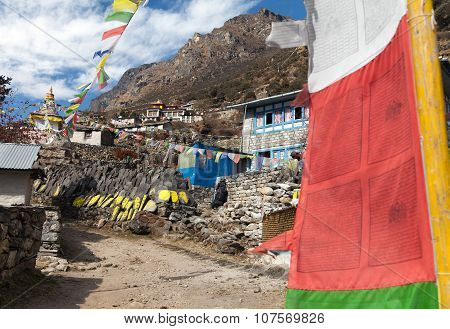 Thamo Gompa With Prayer Flags And Buddhist Symbols
