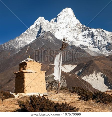 Mount Ama Dablam With Chorten And Prayer Flags