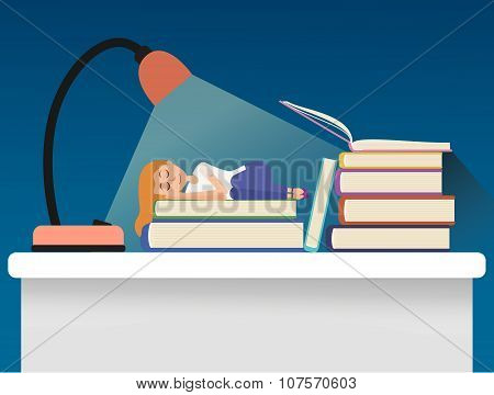 Girl sleeping on books.