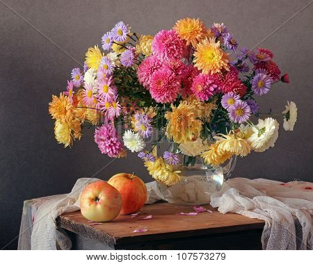 Autumn Still Life With A Bouquet Of Chrysanthemums And Apples.