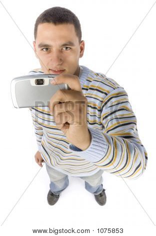 Headshot mladého muže s Palmtop / mobilního telefonu