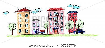 Hand drawing houses and trees, street