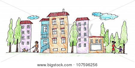 Hand drawing houses, trees, street