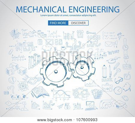 Mechanical Engineering concept with Doodle design style :physics solution, re-engineering, parts design.Modern style illustration for web banners, brochure and flyers.