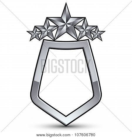 Festive Vector Emblem With Silver Outline And Five Pentagonal Stars, 3D Royal Conceptual Design Elem