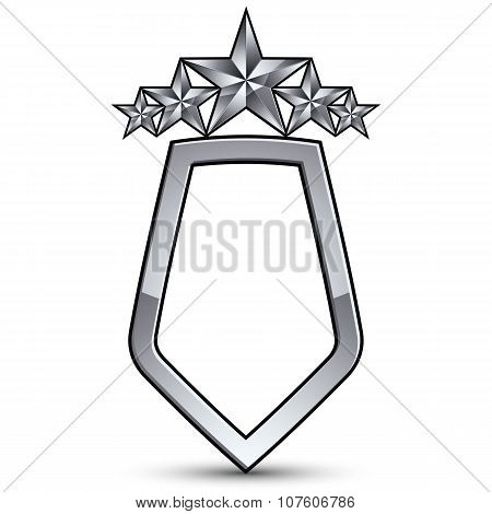 Festive Vector Emblem With Silver Outline And Five Pentagonal Stars, 3D Royal Conceptual Design Elem