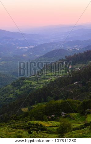 scenic view of sunset mountains at Peneda-Geres National Park in northern Portugal.