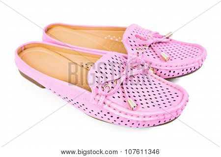 Women Pink Flats Slip-on Shoes With Small Ribbon , Isolated On White Background