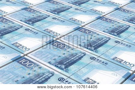 Macanese pataca bills stacked background. Computer generated 3D photo rendering.