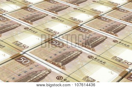 Macanese pataca bills stacked background. Computer generated 3D photo rendering.