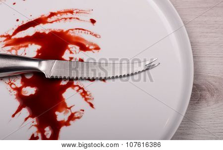 Knife On White Plate With Blood