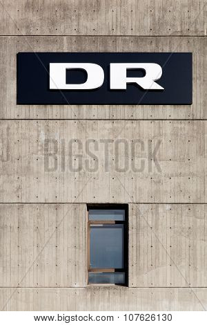 DR logo on the facade of radio and television studios in Aarhus