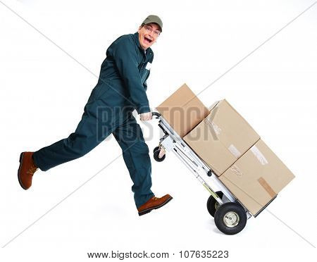 Delivery man with boxes. Express post shipping.