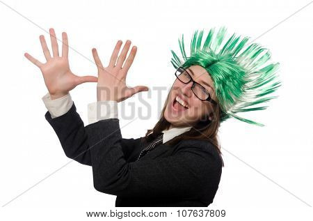 Funny businesswoman in business concept on white