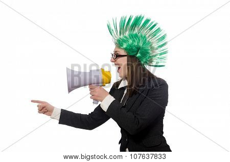 Funny businesswoman in business concept on white