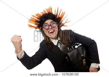 Funny businesswoman in business concept on white