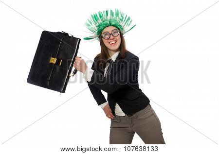 Funny businesswoman in business concept on white
