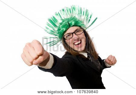 Funny businesswoman in business concept on white