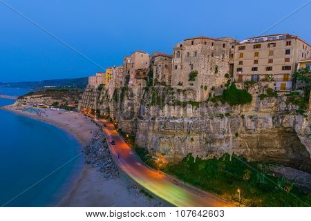 Famous historical sea resort town of Tropea in Calabria region, Southern Italy. Evening photo