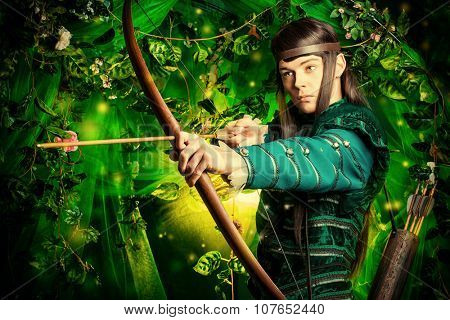 Portrait of a male elf with a bow and arrows in a magical forest.