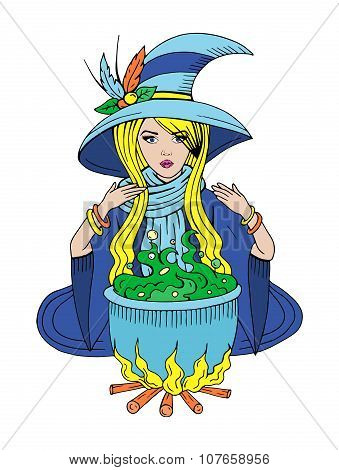 Witch Preparing Potion In Pot, Hand Drawn Colorful Vector Illustration of Cute Witch Girl