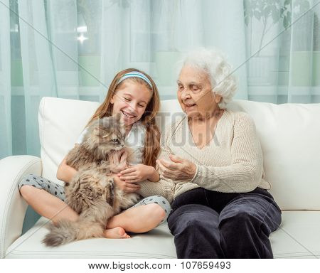 little girl withg randmother playing with cat on sofa