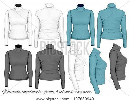 Women's turtleneck design templates (front, back and side views). Vector illustration