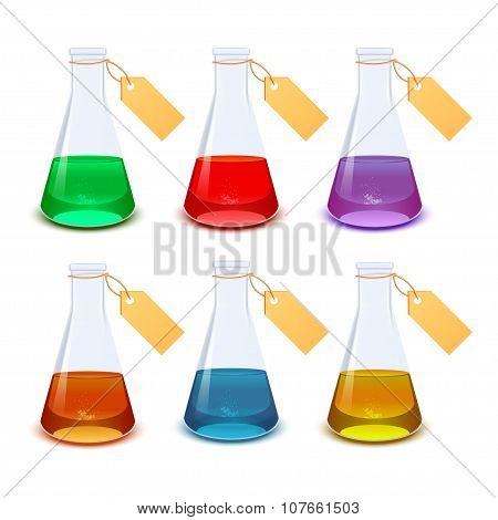 Set of flasks with labels