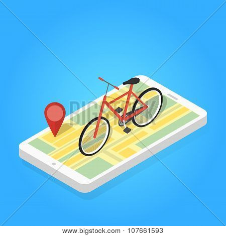 Isometric illustration of phone map bicycle.