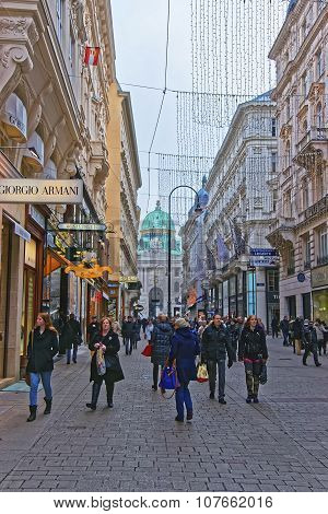 Kohlmarkt Street And Hofburg Complex In Downtown Of Vienna In Austria With Christmas Decoration In T
