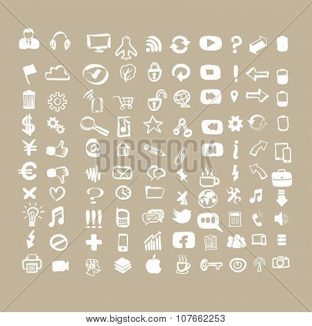 Vector hand-drawn white 100 universal web icons