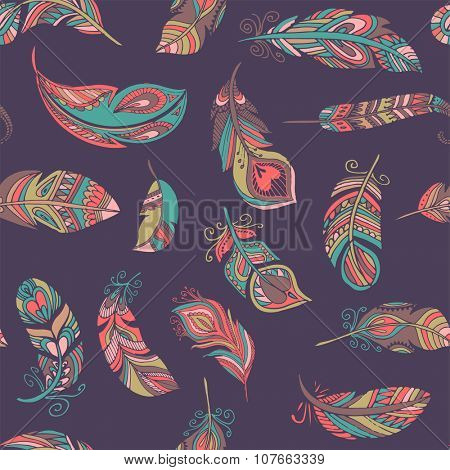 Bohemian style feathers seamless pattern