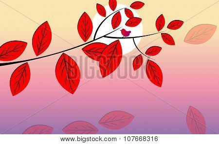 A Bird sitting on Tree Branches with Beautiful Red Leaves and Moon Illustration