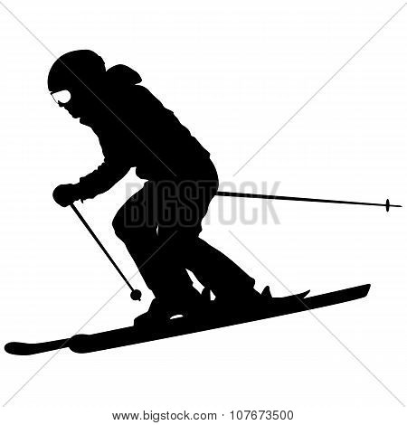 Mountain Skier  Speeding Down Slope. Vector Sport Silhouette.