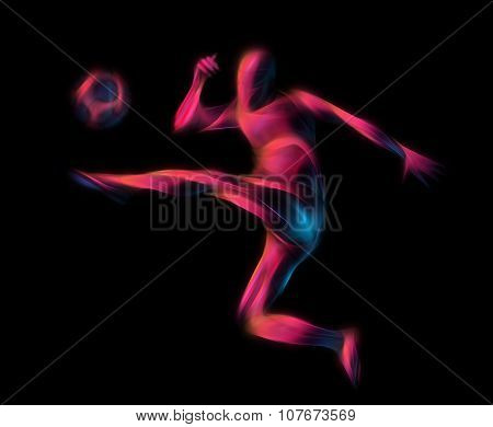 Soccer Player Kicks The Ball. The Colorful Illustration On Black Background.