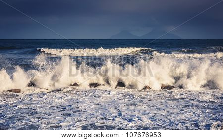 Fantastic sea view with dark sky and strong storm waves. Dramatic and picturesque scene. Location Gioiosa Marea. Lipari island, Sicilia, Italy, Europe. Mediterranean and Tyrrhenian sea. Beauty world.