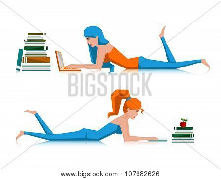 Portrait of female high school students studying with laptop and books. Happy woman working on a laptop computer - isolated over white background.
