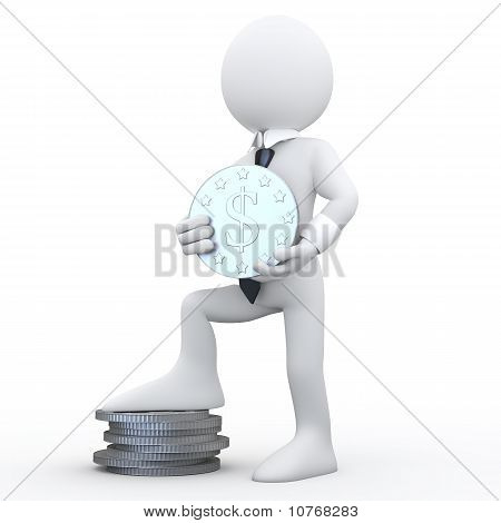 3D hombre sosteniendo una moneda con el símbolo del dólar y los pies descansando sobre una pila de monedas