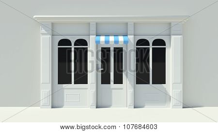 Sunny Shopfront With Large Windows White Store Facade With Blue And White Awnings