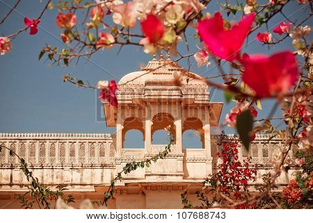 Palace behind the colorful flowers grow on the fence in India