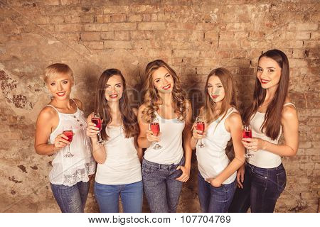 Cute Young Women Wearing Dress Code Celebrating With Sparkling Wine