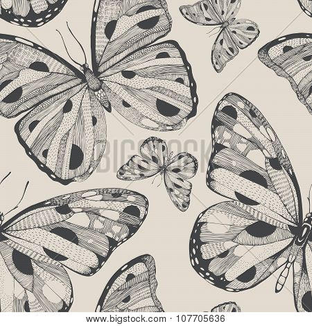 hand drawn vector seamless pattern with butterflies