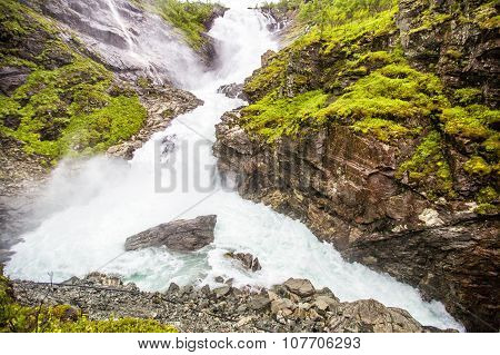 Kjosfossen Waterfall In Flam, Norway.